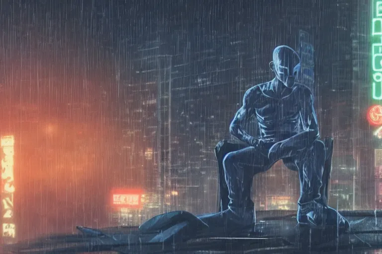 Image similar to roy batty with a bare torso sits in the lotus position with his head bowed in the rain on the roof of a building in the cyberpunk future, around neon signs, a little haze, night, realistic proportions, anime style ghost in armor