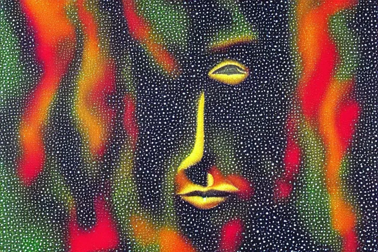 Image similar to face made out of planet, faceless people dark, dots, drip, stipple, pointillism, technical, abstract, minimal, style of francis bacon, asymmetry, pulled apart, cloak, hooded figure, made of dots, abstract, balaclava