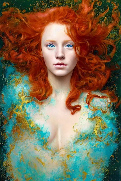 Image similar to hyper realistic painting portrait of a redhead girl with flowing curls and closed eyes, her skin is painted in gold paint and turquoise background, hyper detailed face by stjepan sejic, norman rockwell, michael hussar, roberto ferri and ruan jia