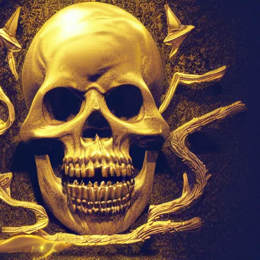 Image similar to chiaroscuro baroque still life octane render of a ray of god light shining on golden skull with head completely covered in engraved ancient runic inscriptions prophecies, spells, dark ominous background.