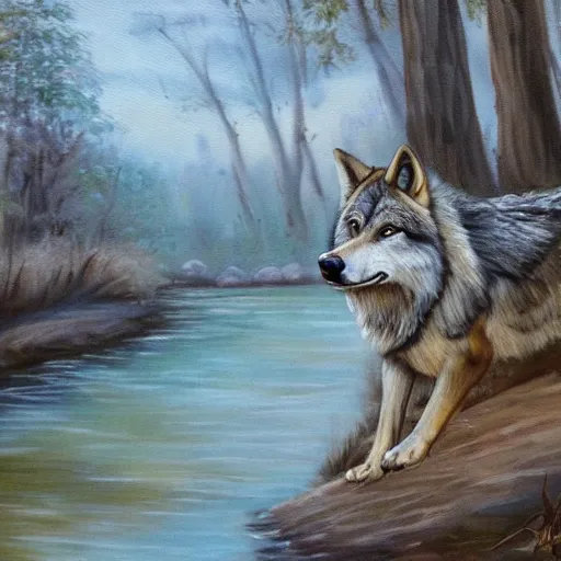 Image similar to A majestic and beautiful wild wolf out by a river with its head down taking a drink from the stream while it's ears are up and alert listening for danger with trees behind it, set in warm spring where it is sunny and windy, award winning, oil painting, 8k