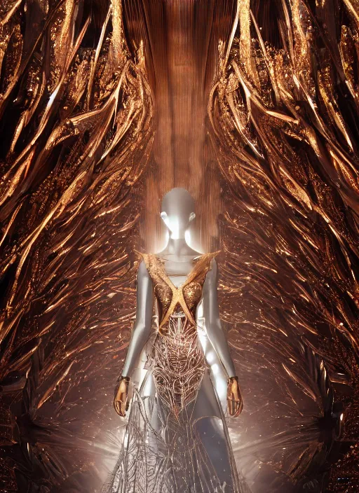 Prompt: beauteous sumptuous, futuristic catwalk fashion show, crystal, gold, copper, bronze, crystalline masterpiece incrustations, by victoria frances, hyperdetailed metalwork, movie still, intricate, octane render, cinematic forest lighting, unreal engine, crepuscular rays, god rays