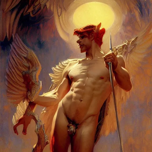 Image similar to attractive male lucifer morning s raising hell unto heaven. highly detailed painting by gaston bussiere, craig mullins, j. c. leyendecker, 8 k