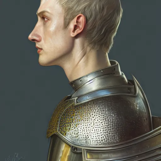 Image similar to portrait of a medieval knight in armour, headshot, hyper realistic, pale skin, 4k, rule of thirds, extreme detail, detailed drawing, trending artstation, hd, fantasy, D&D, realistic lighting, by Alphonse Mucha, Greg Rutkowski, sharp focus, backlit, elegant