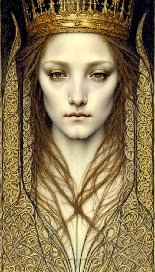 Image similar to detailed realistic beautiful young medieval queen face portrait by jean delville, gustave dore and marco mazzoni, art nouveau, symbolist, visionary, gothic, pre - raphaelite. horizontal symmetry