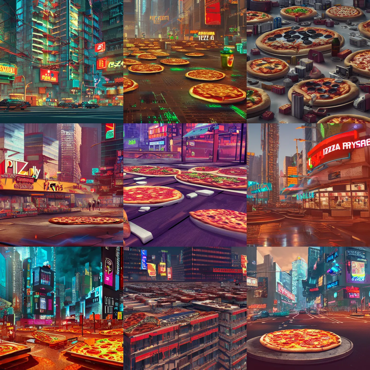 Prompt: a cyberpunk pizza city, pizza corporations, pizza skyscrapes, digital art, artstation, concept art, octane render