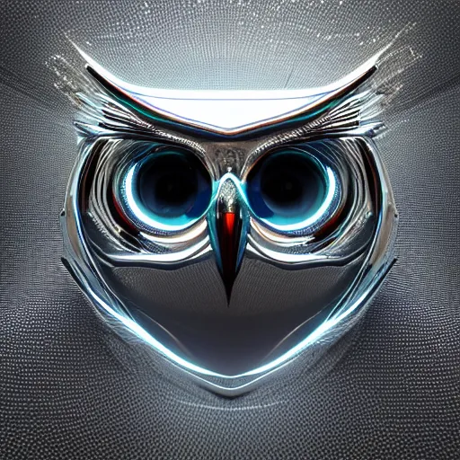 Image similar to chrome owl, glossy, metallic, neon, symmetrical, tribal patterns, realistic, unreal engine, octane, redshift, artstation, behance