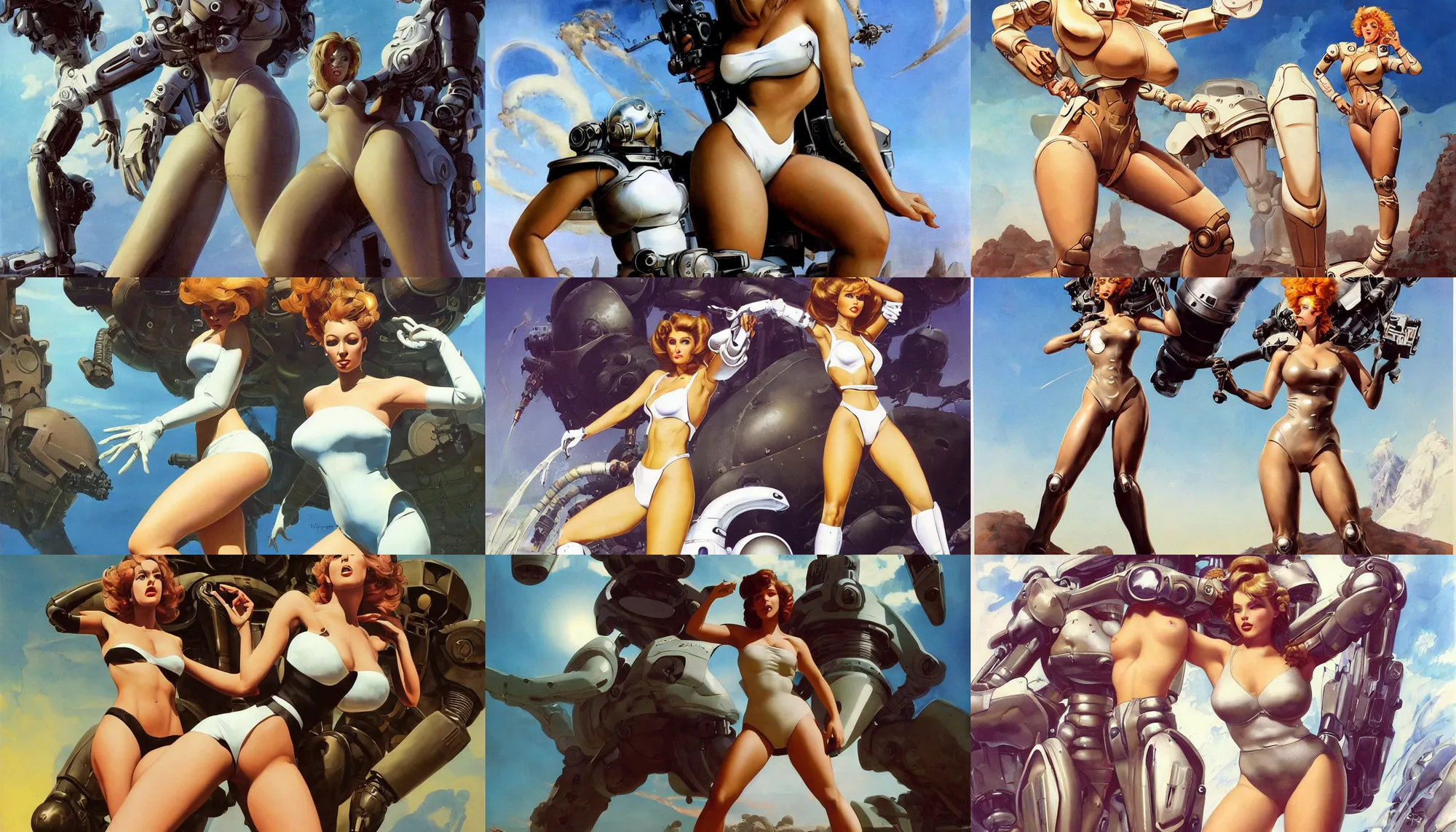 Prompt: A mixed media portrait painting of a very beautiful light-brown-hair woman on an alien planet, very curvy, aesthetic! high-waisted white-bikini-futuristic-armor and boots, sweat, aesthetic symmetrical face and eyes, model, wet, pacific-rim-mech in background, eighties pinup style, by Frank Frazetta, Boris Vallejo, Beeple, Greg Rutkowski, Christian MacNevin, goddess, bombshell, epic fantasy character art, high fantasy, CGsociety, exquisite detail, post-processing, masterpiece, cinematic
