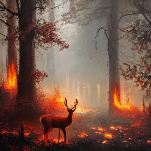 Image similar to a forest in a extreme fallout, with radioactive rain and flames everywhere, a deer is in the middle of the scenery by greg rutkowski, 4 k, realistic oil painting