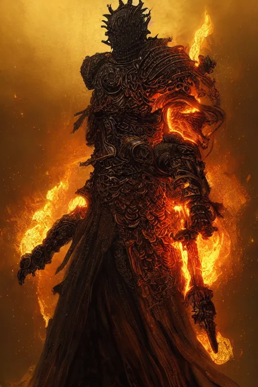 Prompt: portrait of a God made of fire, Dark Souls 3 themed, in style of Ruan Jia, insanely detailed and intricate, golden ratio, elegant, ornate, luxury, elite, matte painting, cinematic, cgsociety, James jean, Brian froud, ross tran, Laputa