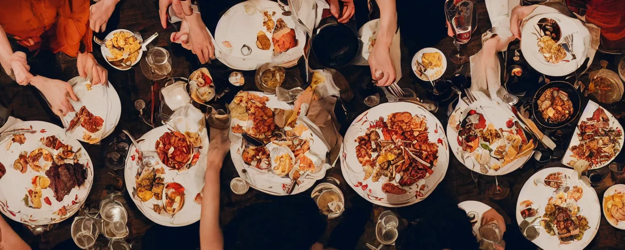 Image similar to a group of people licking from the same plate, food scattered all around, tension, canon 5 0 mm, cinematic lighting, photography, retro, film, kodachrome, closeup