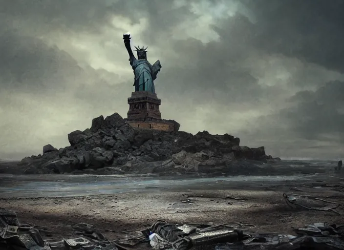 Image similar to a Photorealistic dramatic hyperrealistic render of a ruined destroyed decayed statue of liberty on a desolate beach in a post-apocalyptic world, futuristic nuclear apocalyptic planet of the apes vibe, by WLOP and Artgerm and Greg Rutkowski and Alphonse Mucha, Beautiful dynamic dramatic dark moody lighting, shadows, cinematic atmosphere, Artstation, concept design art, Octane render, 8K, masterpiece