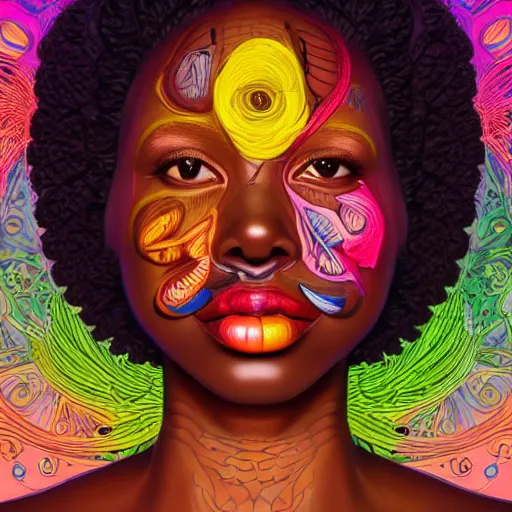 Image similar to the anatomical face of a ridiculously beautiful and pretty black woman partially made of onion rings of all colors looking up, an ultrafine detailed illustration by james jean, final fantasy, intricate linework, bright colors, behance contest winner, vanitas, angular, altermodern, unreal engine 5 highly rendered, global illumination, radiant light, detailed and intricate environment