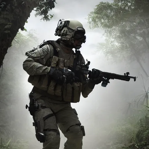 Image similar to Mercenary Special Forces soldier in light grey uniform with black armored vest and helmet launching an ambush attack in the jungles of Tanoa, combat photography by Feng Zhu, highly detailed, excellent composition, cinematic concept art, dramatic lighting, trending on ArtStation