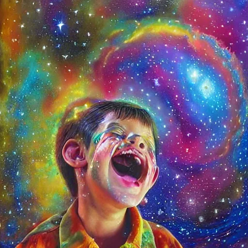 Image similar to a hyperrealistic detailed high painting with many complex textures of a boy playing and jumping, just being happy and free in the cosmos, cosmic surreal psychedelic magic realism spiritual art