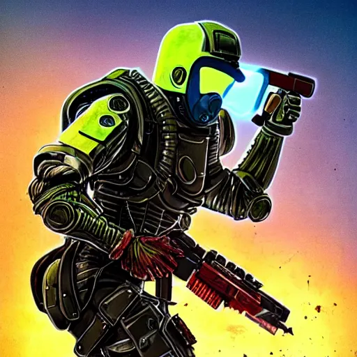 Image similar to a award winning action upper body portrait of nuke zombie with a mullet and breathing mask while wearing futuristic bodyarmor and pauldrons, outrun, vaporware, highly detailed, fine detail, intricate