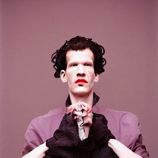 Image similar to chris morris wearing androgynous clothes by comme des garcons, portrait, 3 5 mm film, by david bailey, mariko mori, davide sorrenti