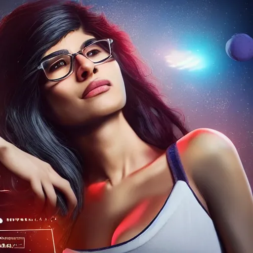 Image similar to hyperrealistic film full body still of mia khalifa in space, inspired by istvan sandorfi & greg rutkowski & unreal engine, perfect facial symmetry, dim volumetric cinematic lighting, 8 k octane comprehensive render, extremely hyper - detailed, incredibly lifelike attributes, intricate, real flesh texture, masterpiece, artstation, stunning,