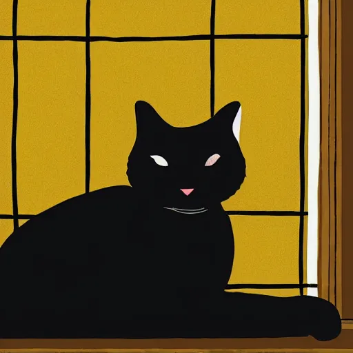 Image similar to a giant black cat with yellow eyes looking through a window at a sleeping blonde girl