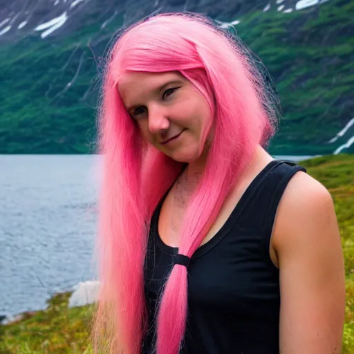 Prompt: a young woman with long pink hair, face front facing forward for a selfie, hiking clothes, tank top, norway, fjords in background, cinematic, beautiful, stunning, day time, epic, 8 k, 1 6 : 9