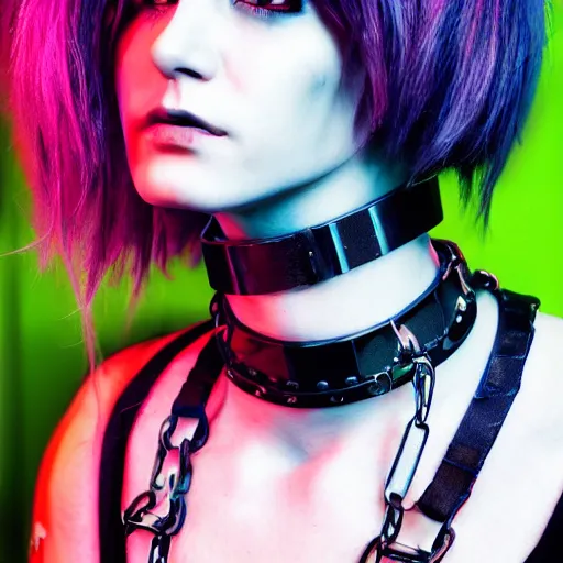 Image similar to detailed realistic cyberpunk female character cyberpunk wearing steel collar around neck, realistic, art, beautiful, 4K, collar, choker, collar around neck, punk, artstation, detailed, female, woman, choker, cyberpunk, neon, punk, collar, choker, collar around neck, thick collar, choker around neck, wearing choker, wearing collar, bright neon punk hair,