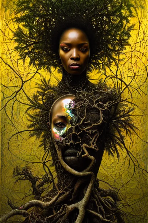 Prompt: hyperrealistic neo-baroque super expressive! black woman with detailed exoskeleton armor, merging with tree in a forest, digital painting masterpiece brad kunkle hannah yata dramatic pearlescent yellow light low angle hd 8k sharp focus