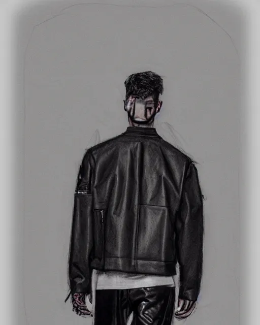 Prompt: rough charcoal sketch of a male model wearing a cropped baggy menswear moto jacket by alexander mcqueen, 4 k, astonishing detail, studio lighting, wide angle lens