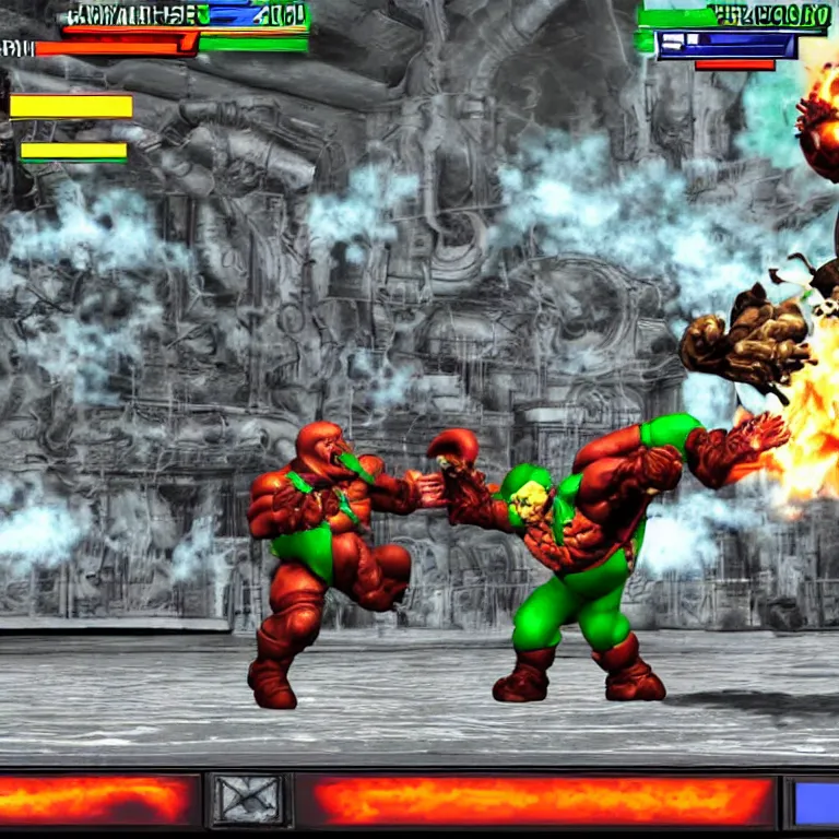 Prompt: Doom guy fighting Mario in Tekken 5 classic battle arcade game mania