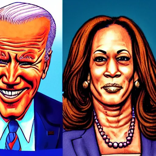 Prompt: The Artwork of R. Crumb and his Cheap Suit - Joe Biden and Kamala Harris, pencil and colored marker artwork, trailer-trash lifestyle