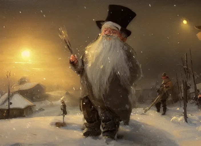 Image similar to oil painting, snow blizzard, nordic gnome, dwarf, small with gray clothes, pointy top hat, barn environment, hay and wooden tools, high detailed art by anders zorn, wonderful masterpiece by greg rutkowski, beautiful cinematic light, american romanticism by greg manchess, creation by tyler edlin