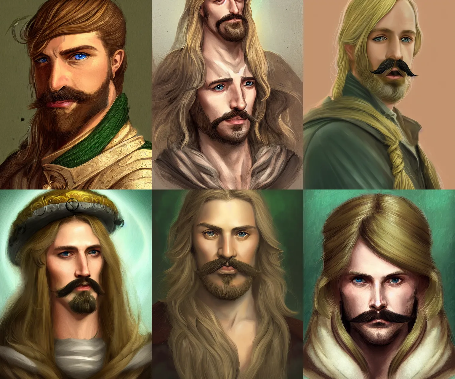 Prompt: portrait of a 3 5 - year - old human male with long blonde hair and a mustache, green eyes, medieval setting, detailed face, highly detailed, digital painting, artstation, concept art, sharp focus, illustration, in the style of classicism