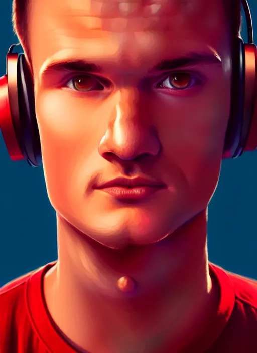 Image similar to portrait of vitalik buterin with hazel eyes, hazel colored eyes, red shirt, headphones, intricate, elegant, glowing lights, highly detailed, digital painting, artstation, concept art, smooth, sharp focus, illustration, art by wlop, mars ravelo and greg rutkowski