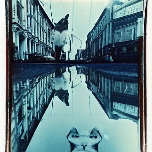 Prompt: wide-shot very low-angle eyesight reflection of a cat in the puddle at the street in Moscow, polaroid photo, by Andy Warhol, signed