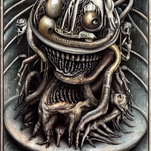 Image similar to monsters consumed transformed transmutation in a fiery alchemical cauldron painted by giger