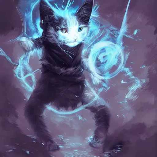 Image similar to black and white cat sorcerer, dnd fantasy digital art by Greg Rutkowski, extremely neon blue accents, extremely detailed fur, fire in the distance