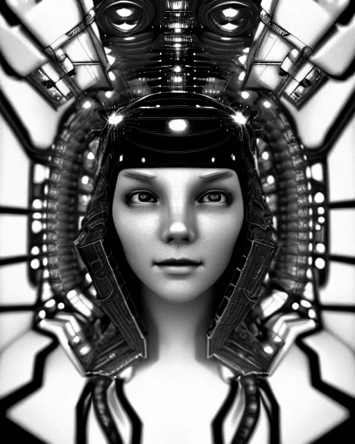 Image similar to dreamy, monochrome, subsurface scattering, white, cyborg goddess in cosmos, black and white, octane render, virgil finlay, highly detailed, rim light, art, cinematic lighting, very coherent, hyper realism, 8 k