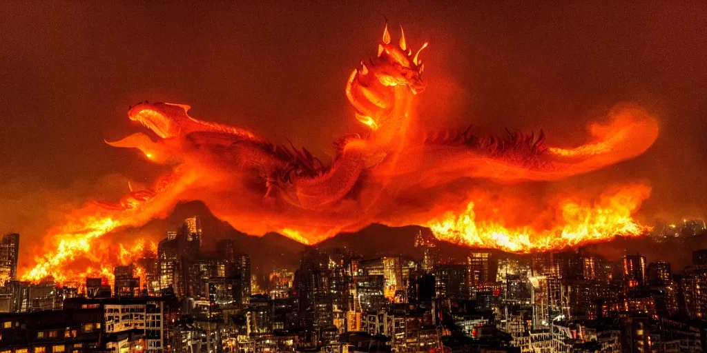 Prompt: a Chinese Fire Dragon surrounded by smoke and fire high above a city at night