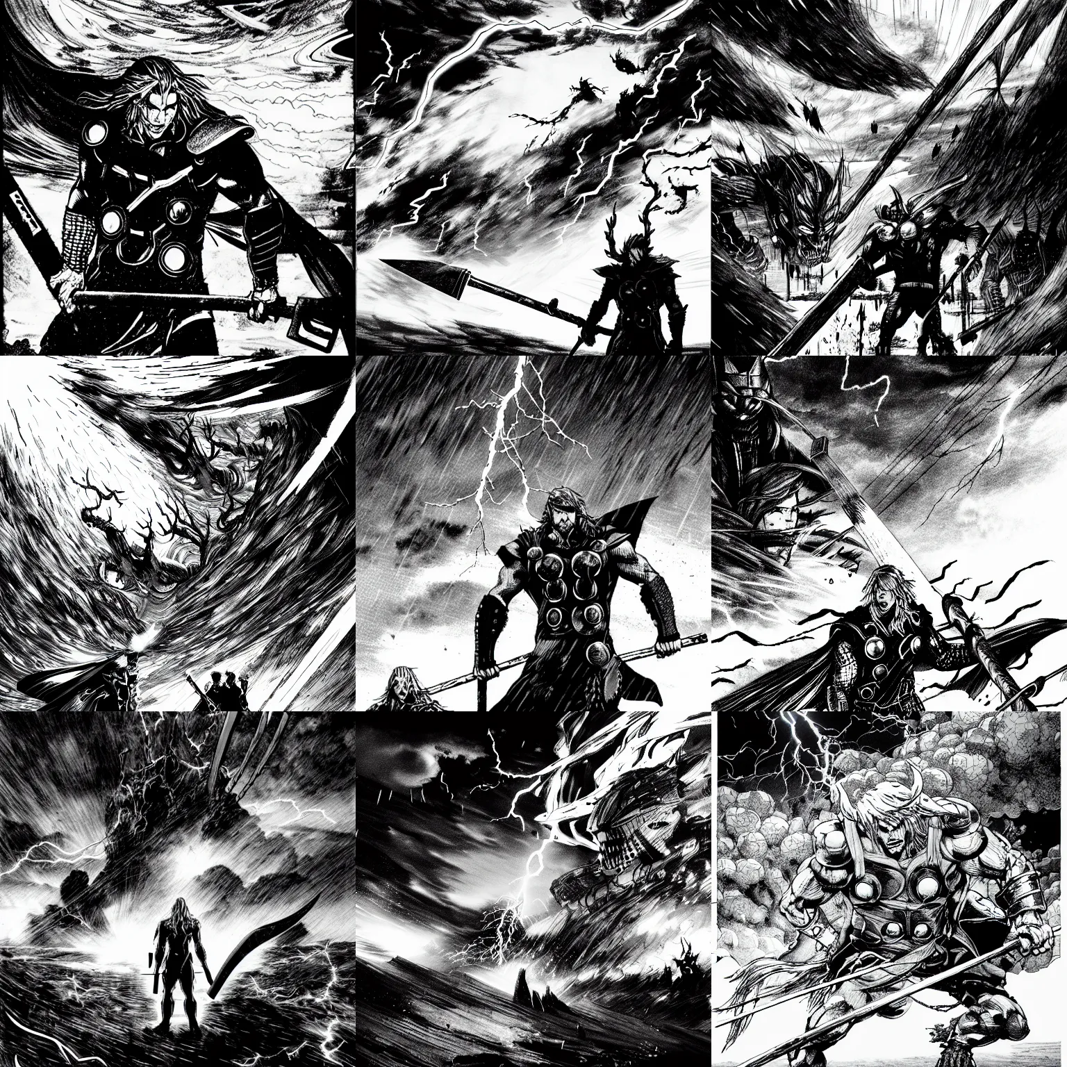 Prompt: thor catches lightning and holds an ax in an epic battle with storm clouds with faces monsters by tsutomu nihei, black and white, epic battle background, comic, cinematic
