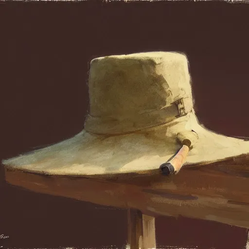 Prompt: just a curious hikking hat in a wooden table. by Craig mullins, Steve Purcell, Ralph McQuarrie. Trending on artstation. Centered image