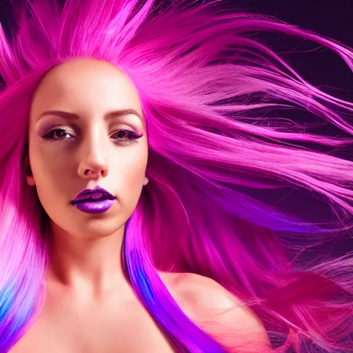 Image similar to a award winning action upper body portrait of a beautiful woman with a ombre purple pink hairstyle with head in motion and hair flying, choker, outrun, vaporware, vivid colors, highly detailed, fine detail, intricate