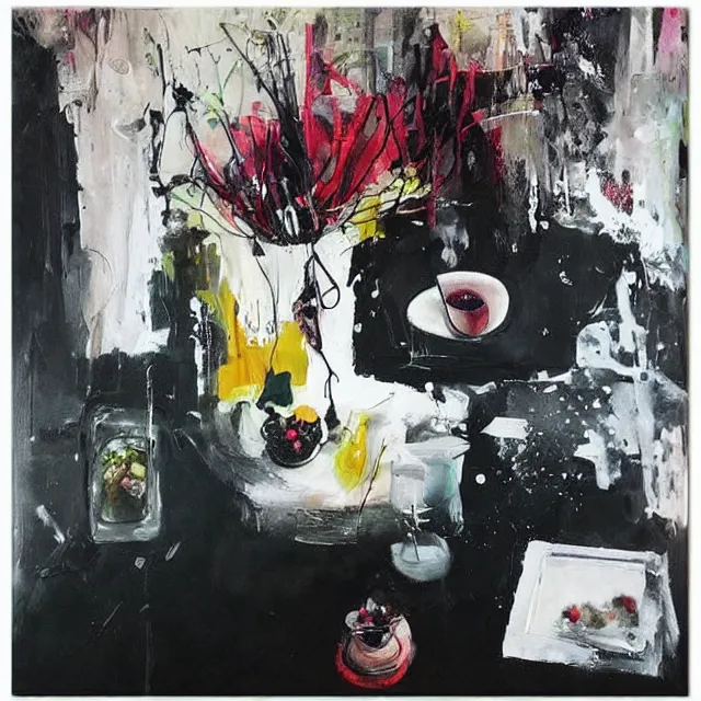 Image similar to “ a portrait in a female art student ’ s apartment, sensual, art supplies, paint tubes, palette knife, pigs, ikebana, herbs, a candle dripping white wax, black walls, squashed berries, berry juice drips, acrylic and spray paint and oilstick on canvas, surrealism, neoexpressionism ”