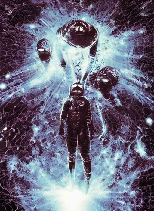 Image similar to astronauts in the dark infinite underwater void - complex and hyperdetailed technical suit, fabric material. reflection and dispersion materials. rays and dispersion of light. volumetric light. wide angle, f / 3 2. noise film photo. flash photography. ultra realistic, wide angle. poster by wayne barlowe, hajime sorayama aaron horkey, craig mullins