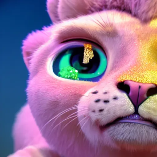 Prompt: a cute baby lion, big eyes, soft fur texture, pastel colours, colorful, glitter crystals, cute, pixar animation style, detailed, soft light, octane render, 4 kb - w 6 4 0