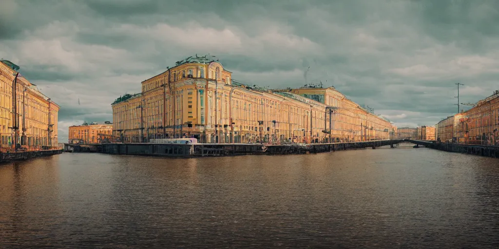 Prompt: cinematic street shot of a floating saint petersburg city, telephoto, anamorphic cinematography, beautiful composition, color theory, leading lines, photorealistic, moody volumetric lighting