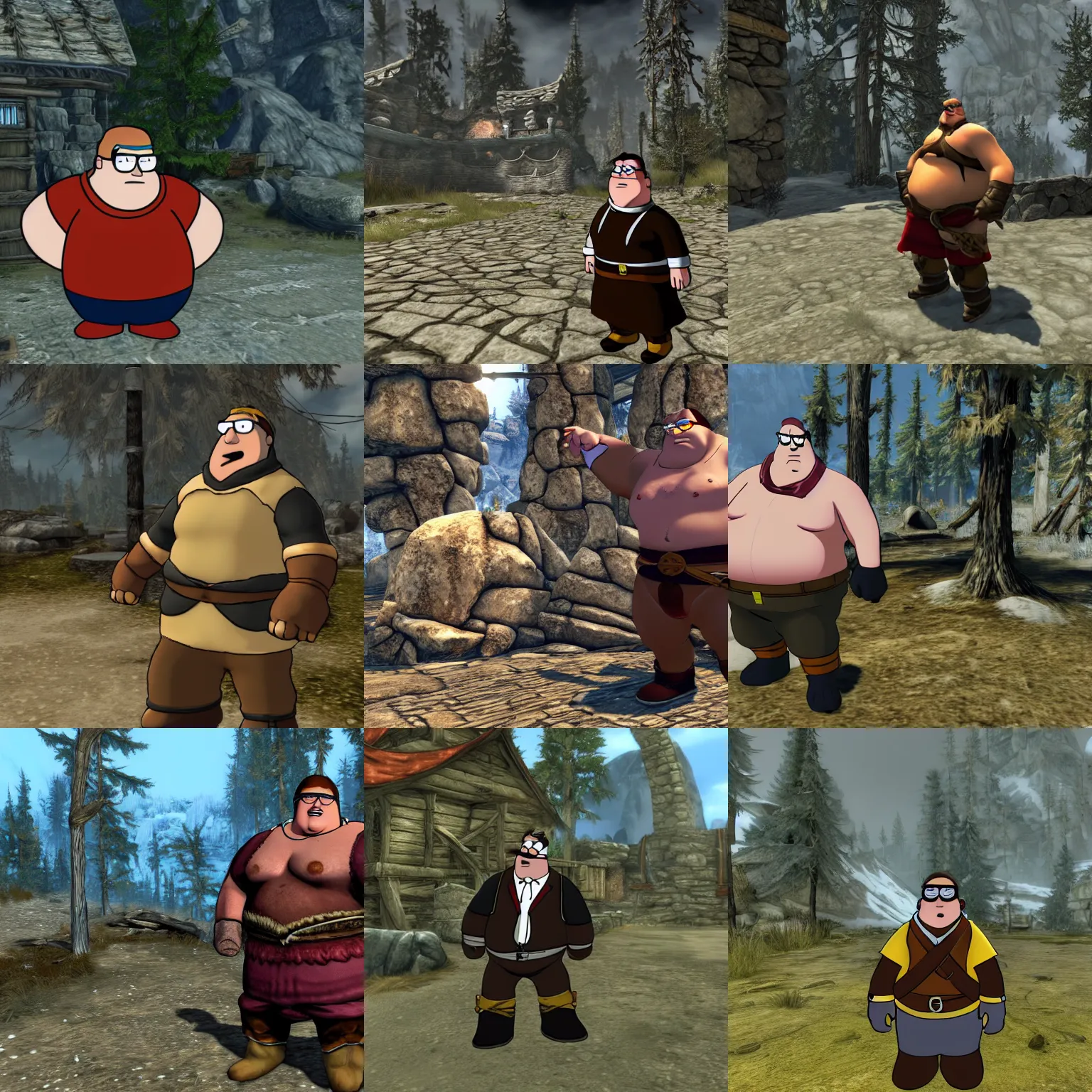 Prompt: peter griffin in skyrim. screenshot.