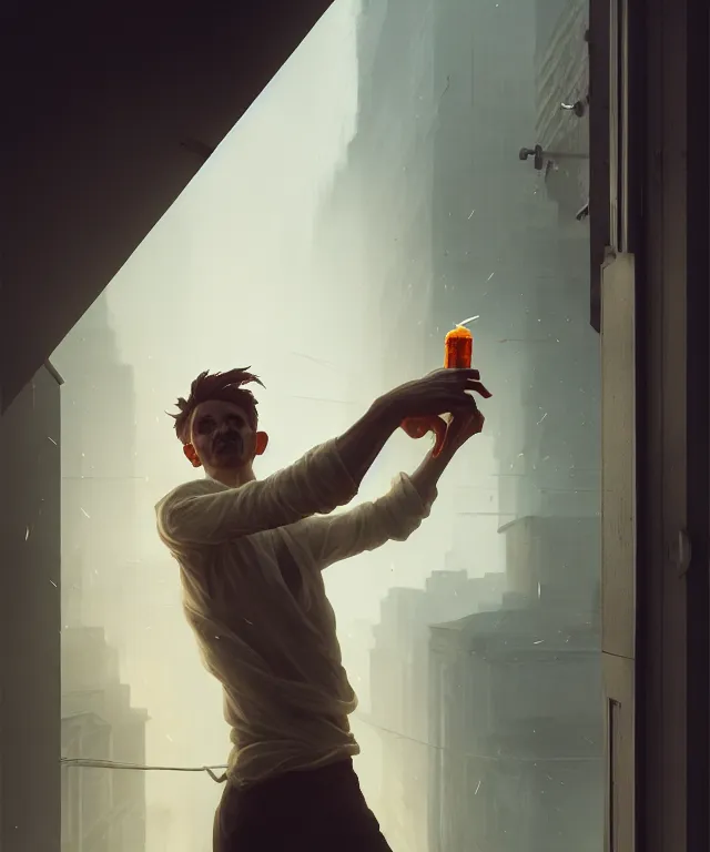 Prompt: man throwing a molotov out a window by charlie bowater and anna dittmann and artgerm and clemens ascher, intricate, elegant, beige mist, highly detailed, dramatic lighting, sharp focus, octane render, trending on artstation, artstationhd, artstationhq, unreal engine, 4 k, 8 k