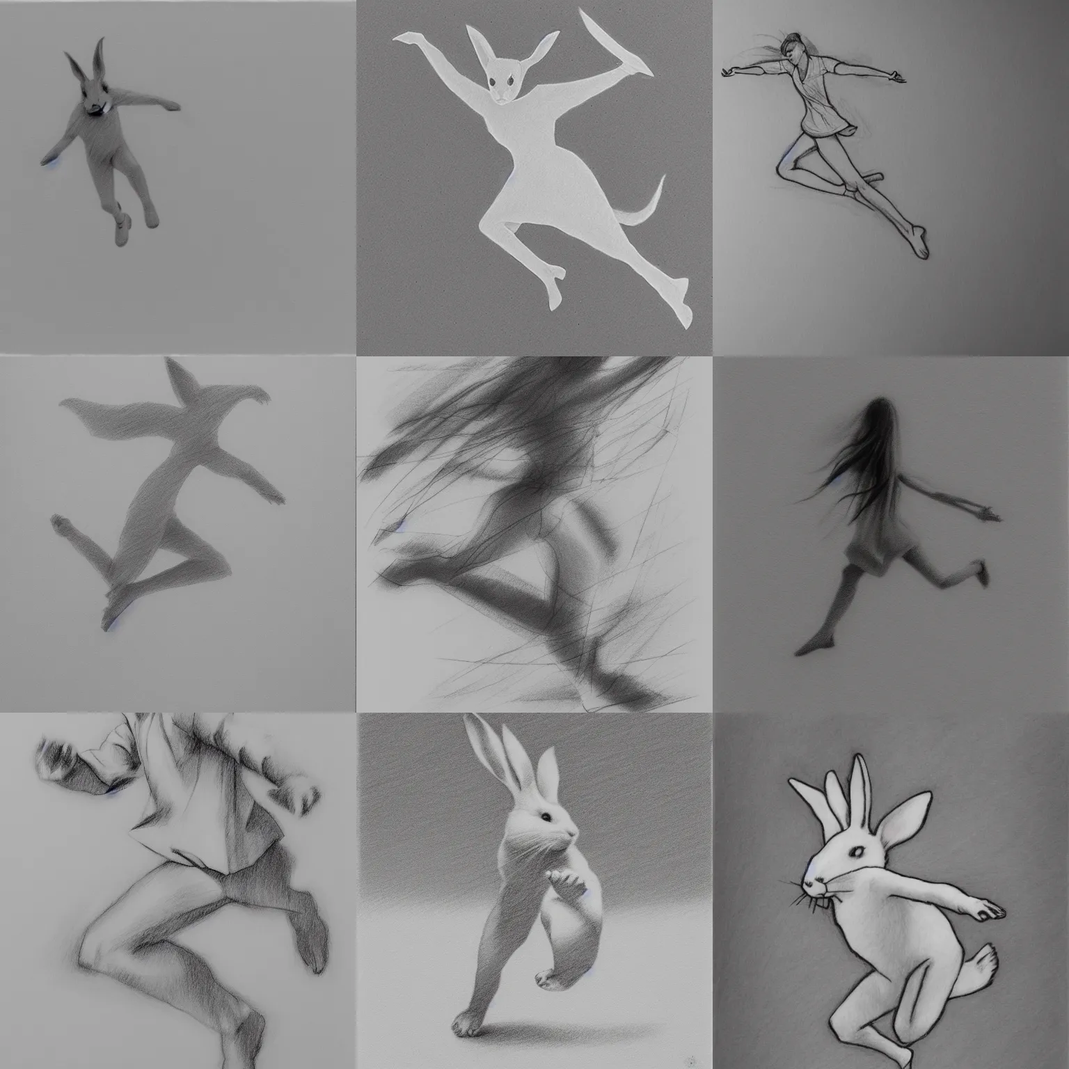 Prompt: chasing the white rabbit across a white field, minimalistic pencil drawing, movement study, by james jean