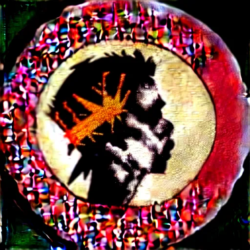 Image similar to painting on a badge!!!!, punks not dead!!!!, exploited!!, clash, junk yard, rats!!, god save the queen!!!, punk rock album cover art style, grunge, no future!!!!, glitch effect