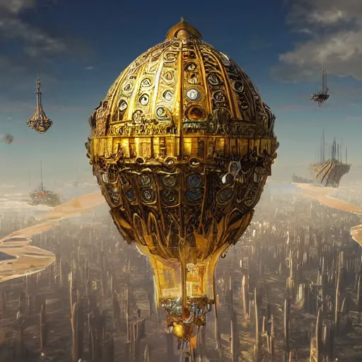 Prompt: enormous flying city in a faberge egg, sky, steampunk, fantasy art, unreal engine, intricate, intricate, intricate, intricate