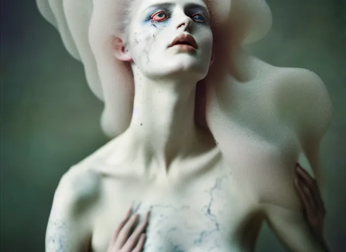 Prompt: cinestill 5 0 d photo portrait of a beautiful hybrid woman in style of tim walker by roberto ferri, body weird marble intricate detailed, hair is intricate gnarled style, 5 0 mm lens, f 1. 4, sharp focus, ethereal, emotionally evoking, head in focus, bokeh volumetric lighting, tonal colors outdoor